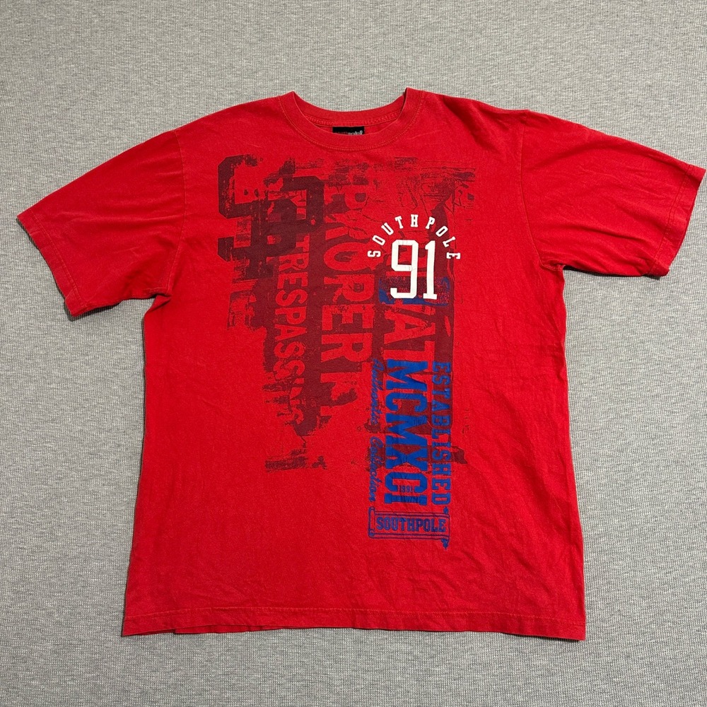 Southpole Graphic T-Shirt Streetwear Y2K Hip Hop Cotton Tee Red Mens Size XXL‎